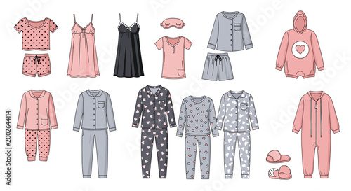 Extensive collection of various women pajamas and sleepwear sets including nightgowns, robes, long sleeve sets, and slippers on white background.