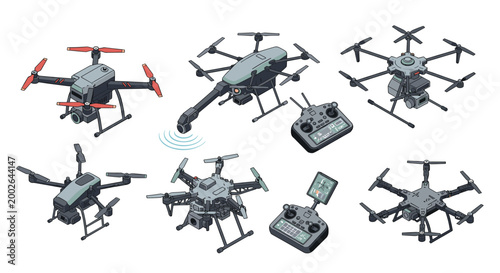 Detailed isometric view of different types of professional and industrial drones with remote controllers for aerial photography and survey work.
