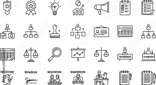 Professional black line icon set for corporate management featuring legal justice symbols negotiation boardroom strategy taskboard planning and executive leadership elements