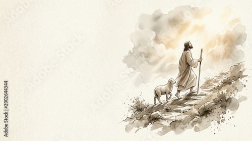 Jesus leading lamb up a mountain path