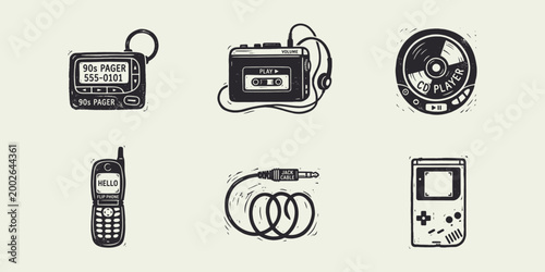 Retro 90s technology icons set featuring pager, cassette player, flip phone, and handheld game console.