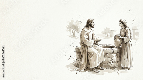Jesus and Samaritan woman conversing at well