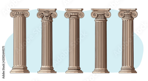 Set of five classical architectural columns in ionic and corinthian styles with intricate carvings on a soft light blue background.