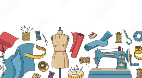 Collection of sewing and tailoring tools including mannequin, sewing machine, thread, scissors, measuring tape, and fabric on white background.
