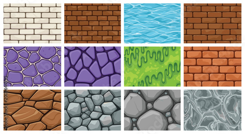 Large grid of various game textures including bricks, stone, water, slime, and marble surfaces for game level design and graphic backgrounds.