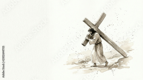 Jesus bearing cross walking on dirt road