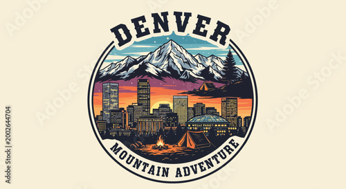 Denver city skyline illustration with mountain landscape in retro style