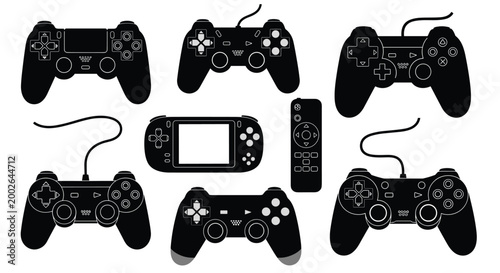 Silhouettes of various video game controllers, handheld consoles, and remote controls in black and white for gaming and tech design.