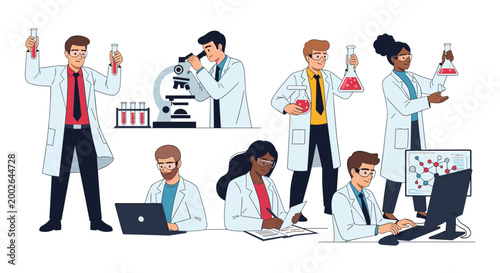 Collection of scientists and laboratory workers performing experiments with microscopes, test tubes, and computers on white background.