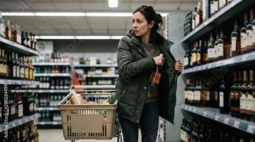 Woman shoplifting alcohol bottle in grocery store aisle