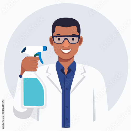 Scientist holding a spray bottle with blue liquid