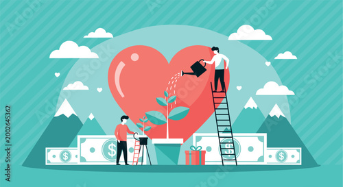 Charity donation concept vector illustration with people caring heart money support fundraising giving love and community help design