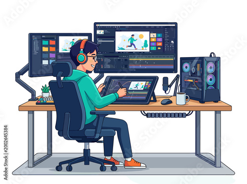 Animator working at a multi-monitor workstation with graphics tablet