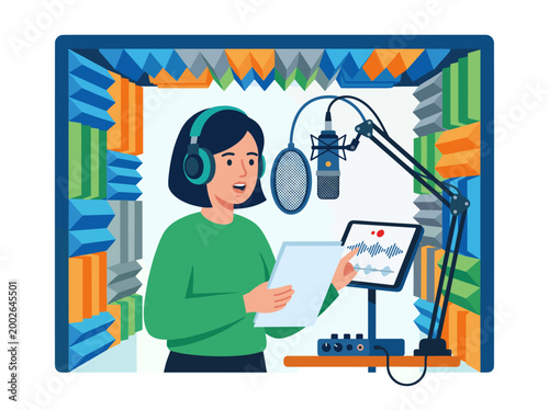 Woman recording audio in a soundproof studio with microphone
