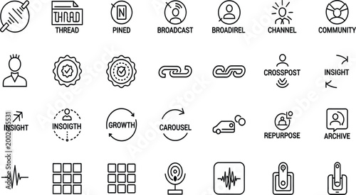 Professional black line icon set for social media marketing featuring trending post reel share subscribe live broadcast and digital engagement strategy symbols