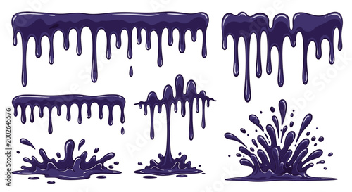 Set of dark purple liquid drips and splashes depicting flowing paint or sticky slime effects for creative graphic design.