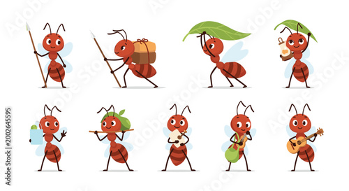 Collection of cute cartoon red ant characters carrying leaves and parcels or playing musical instruments in different poses.