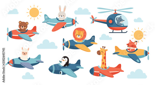 Whimsical collection of cute cartoon animals like bears and lions flying small colorful airplanes among clouds and suns.