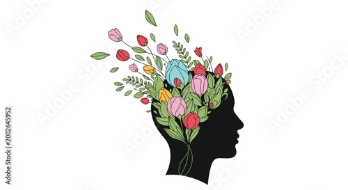 Artistic silhouette of a human head profile with a vibrant bouquet of colorful flowers and leaves growing from the mind.