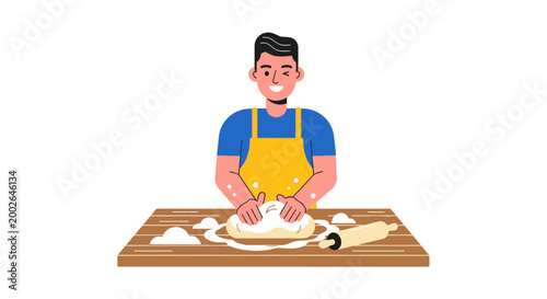 Man wearing yellow apron rolling dough.