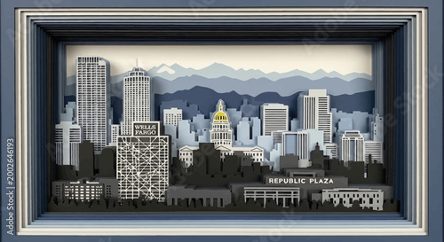 Paper cut layered style cityscape illustration with urban buildings