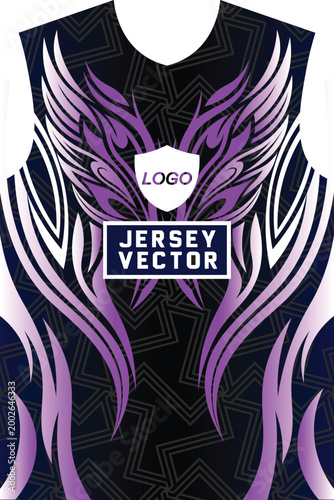 E sports Jersey Template with Abstract Tribal Wing Graphic, Modern jersey Vector Kit design template, racing shirt pattern design, stylish apparel mockup for team uniforms, Creative athletic jersey .