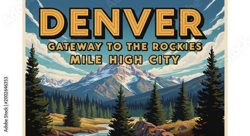 Retro vintage travel poster art featuring mountain landscape and forest