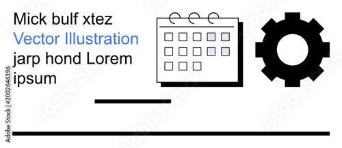 Business management, automation, planning, technical design, workflow optimization, data organization. Gear symbol, calendar icon and placeholder text. Business management and automation concept