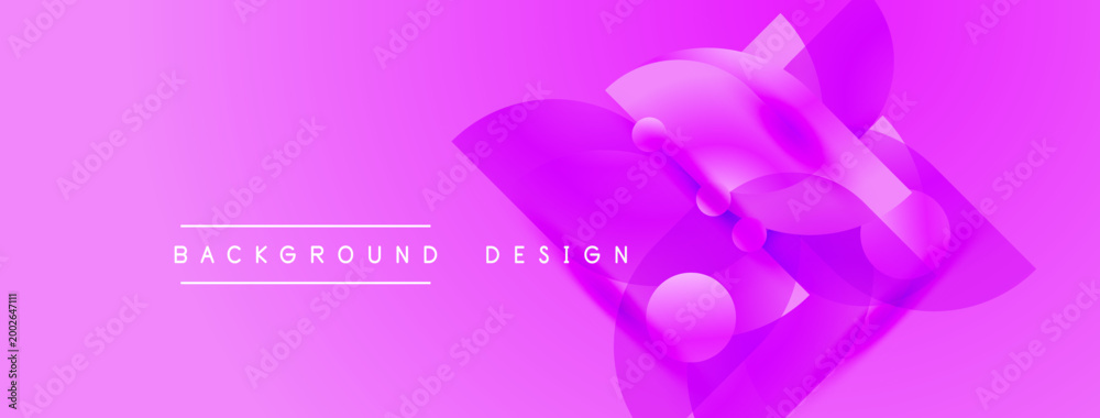 Fototapeta premium Bright pink backdrop features abstract geometric shapes. Spheres, cubes overlap creating dynamic visual effect. Text reads background design.