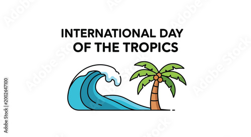 Minimalist vector illustration featuring a tropical palm tree and ocean wave for international day celebrations
