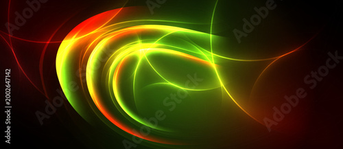 Abstract vibrant swirls, luminous curves, dynamic energy. Colors blend, creating captivating visual experience. Dark background enhances glow.