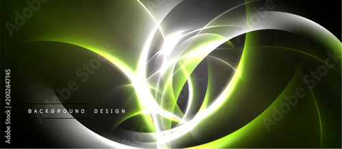Abstract dynamic lines create glowing effect. Green, white, gray colors blend into modern design. Dark background emphasizes luminosity.