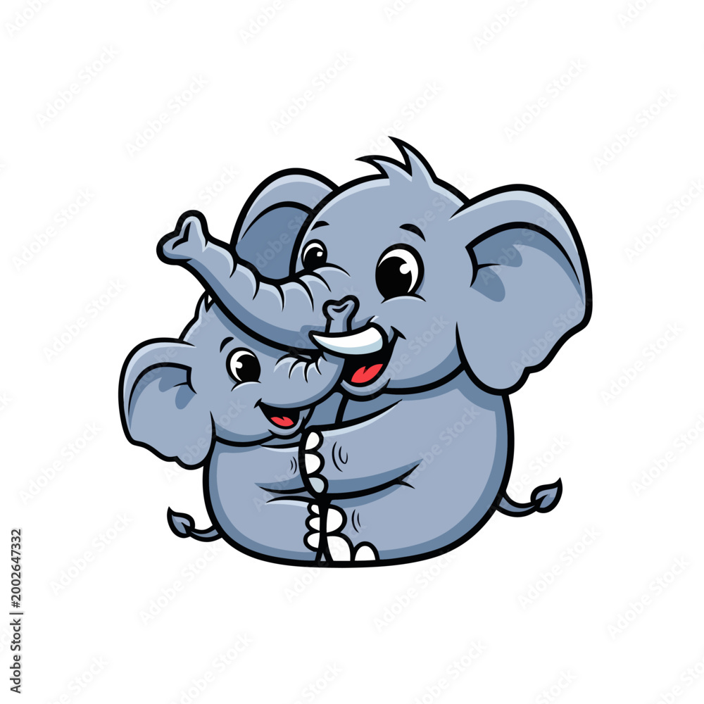 Fototapeta premium Cute cartoon elephants hugging each other with love and joy.