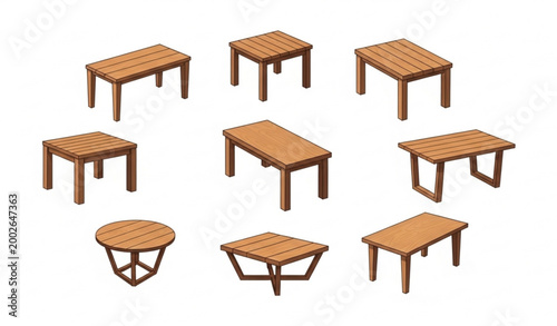 Modern rustic wooden dining table set with cartoon interior furniture vector art