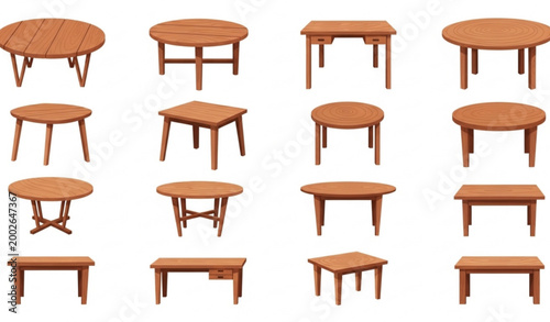 Cartoon wooden dining table vector set with modern rustic furniture illustrations