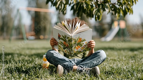 Child reads book outdoors on grass. Book features colorful flower illustrations