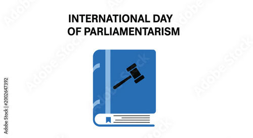 Minimalist vector graphic illustration featuring a blue law book and a gavel for parliamentary day celebration