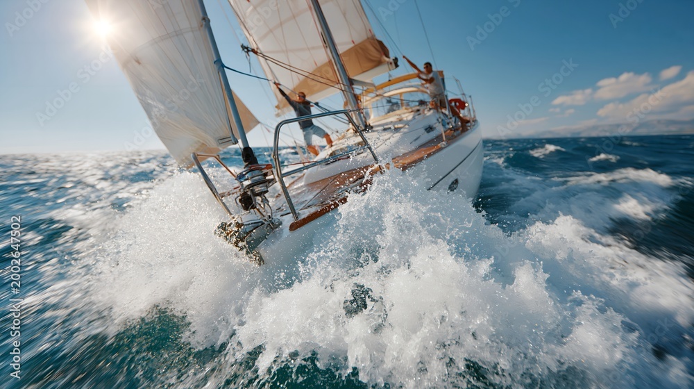 Obraz premium Sailing yacht cuts through rough ocean waves.