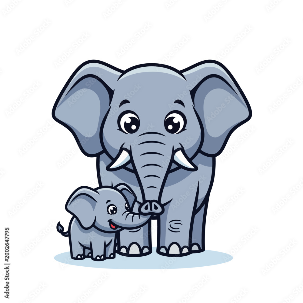 Fototapeta premium Cute cartoon elephants mother and baby illustration.