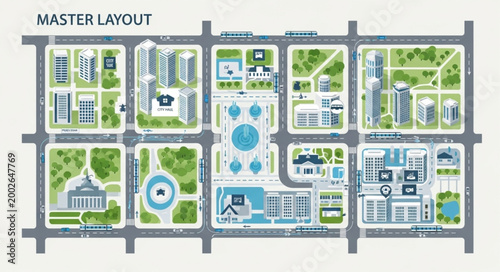 Master plan layout of a modern city with buildings and green spaces.
