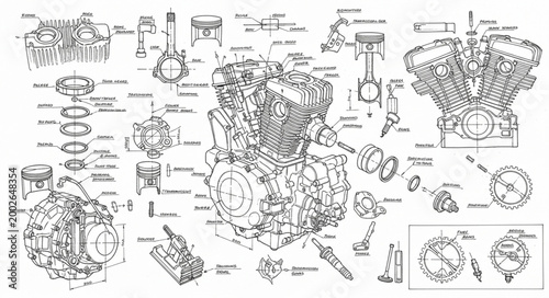 Detailed Motorcycle Engine Blueprint Technical Drawing.