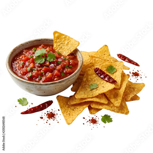 A bowl of salsa dip with nachos set against a white background
