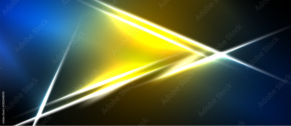 Naklejka premium Abstract design features bright yellow, blue light streaks. Sharp angles create dynamic visual effect against black background.