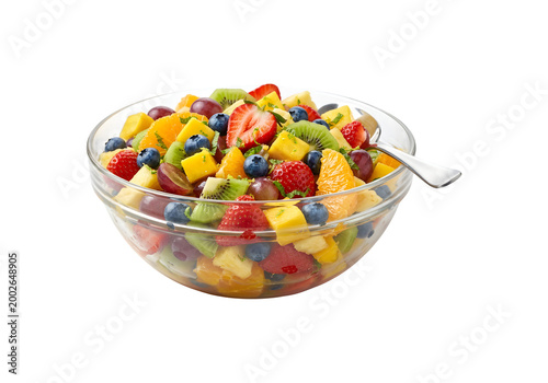 A bowl filled with fruit salad. Fresh fruit chunks for a healthy breakfast, set against a white background.