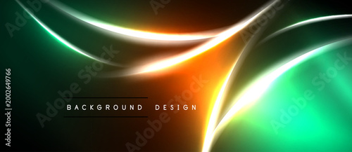 Abstract neon lines blend, creating vibrant waves. Dark background emphasizes glowing orange, green hues. Modern design element.