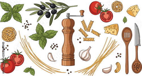 Italian cuisine ingredients vector set featuring pasta, tomatoes, olive branches, garlic, basil leaves, pepper mill, cheese and rustic cooking elements