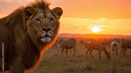 A majestic lion and herds of gazelles in a serene sunset scene on the African savannah.
