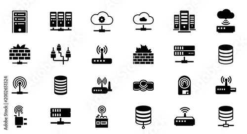 Collection of technology icons representing data storage and networking.
