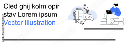 Food industry, digital platforms, online learning, agriculture, healthy eating, sustainability. Farm products including milk, cheese and fish with a person using a laptop. Food industry and digital