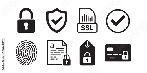 Security padlocks shield ssl document checkmark fingerprint tag credit card vector icons set